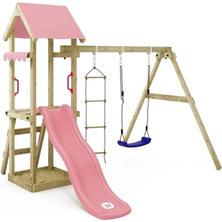 Wickey Spielturm TinyCabin, Klettergerüst mit Schaukel, Rutsche und integrierten Sandkasten, 10 Jahre Garantie