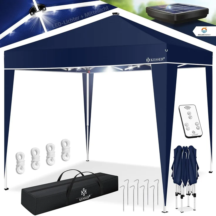 KESSER® Faltpavillon mit Tasche und Beleuchtung, wasserdicht und UV-Schutz 50+, Metall / Polyester blau, 300x300 cm