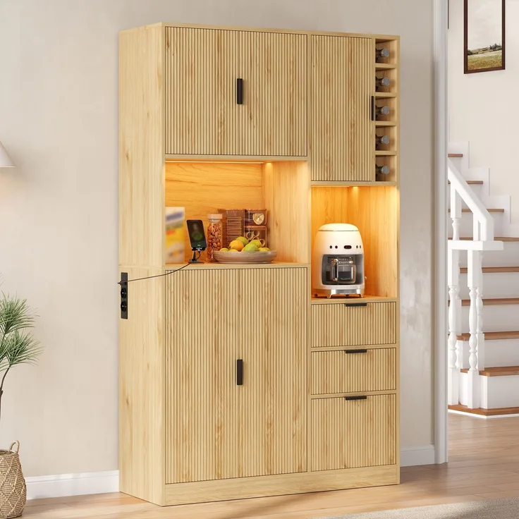 Küchen-Buffetschrank 105x40x180 cm in Natur, mit LED, Steckdosen, 3 Schubladen und Weinregal