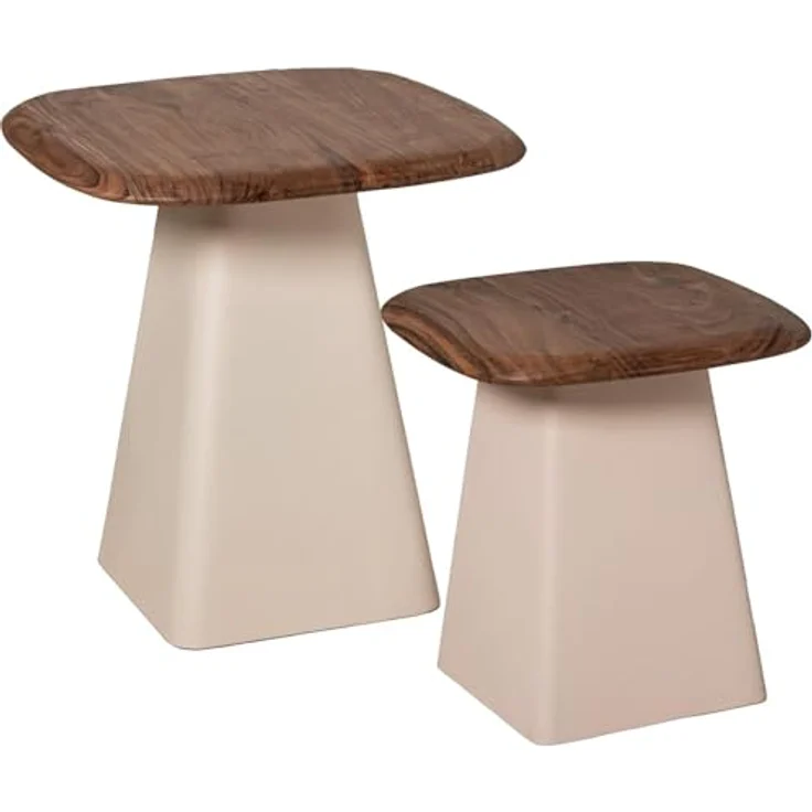 DRW Set mit 2 Beistelltischen aus Holz und Metallsockel in Natur und Beige, 50 x 50 x 52 cm – Bild 2