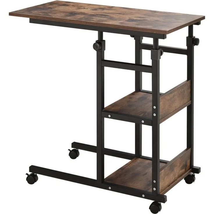 HOMCOM Beistelltisch Couchtisch mit Rollen, Höhenverstellbarer Schreibtisch mit 2 unteren Regalen, Sofatisch Laptoptisch, Betttisch, für Esszimmer Wohnzimmer, Metall, Rustikal-Braun, 80 x 40 x 72-82 cm