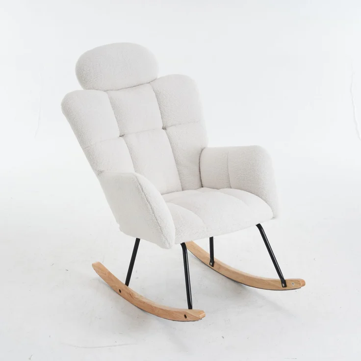 Teddy-Schaukelstuhl mit Kopfstütze, ergonomisch, leise & stabil, Holzrahmen mit Metallbasis, ideal für Wohnzimmer – Bild 6