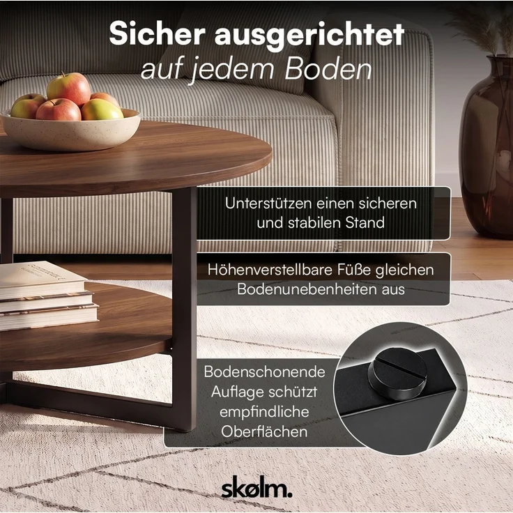 skølm 'Drakkar' Couchtisch rund, Massivholz Eiche, lackiert, Walnussoptik, Wohnzimmertisch Ø70 cm mit Metallgestell, Beistelltisch für Wohnzimmer mit Ablage – Bild 5
