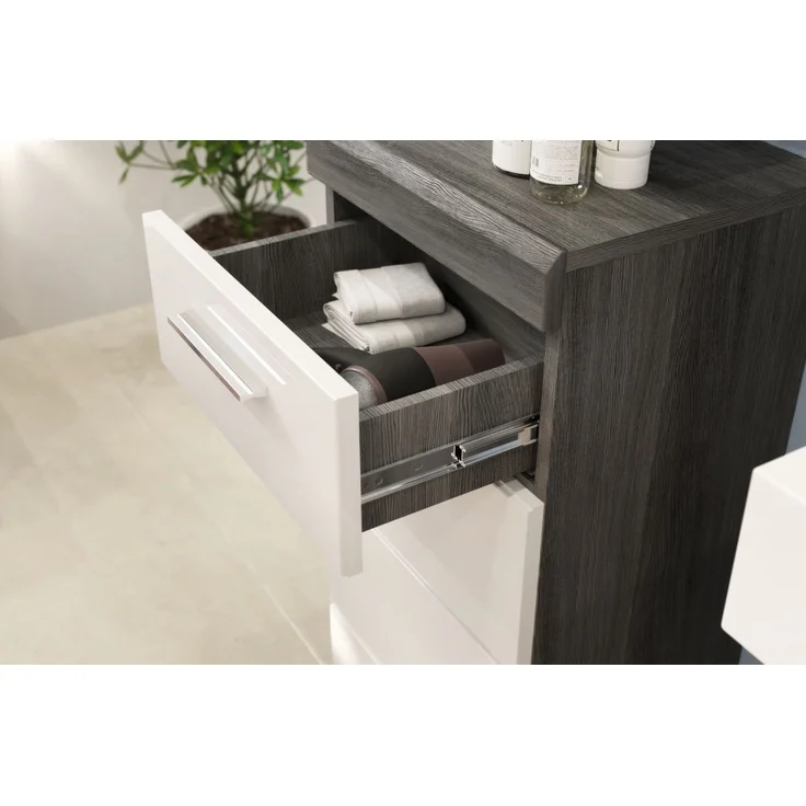 Badezimmer Hochschrank Shawn in weiß Hochglanz und Rauchsilber grau 74 x 191 cm – Bild 5