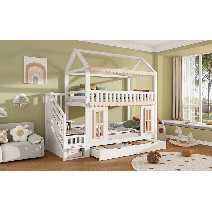 ZUBALIYA Etagenbett, Kinderbett, Hausform, Seitlicher Stauraumschrank mit Leiter, 2 Schubladen, Dekorative Holzfenster und Zierleisten, Kiefer+MDF, Weiß+Natur, 90x200 cm, Natur / Weiß – Bild 13