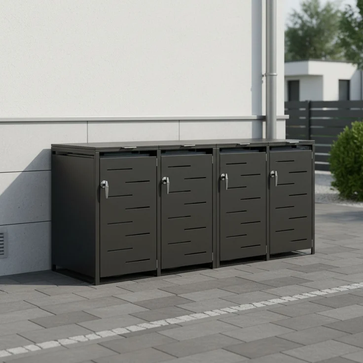 STEELSØN 'Diorus' Mülltonnenbox 4er je 240 Liter, graphitschwarz, Mülltonnenverkleidung aus Stahl mit Sichtstreifen, wetterfest, 116x80x268 cm, abschließbare Müllbox für 4 Tonnen – Bild 9