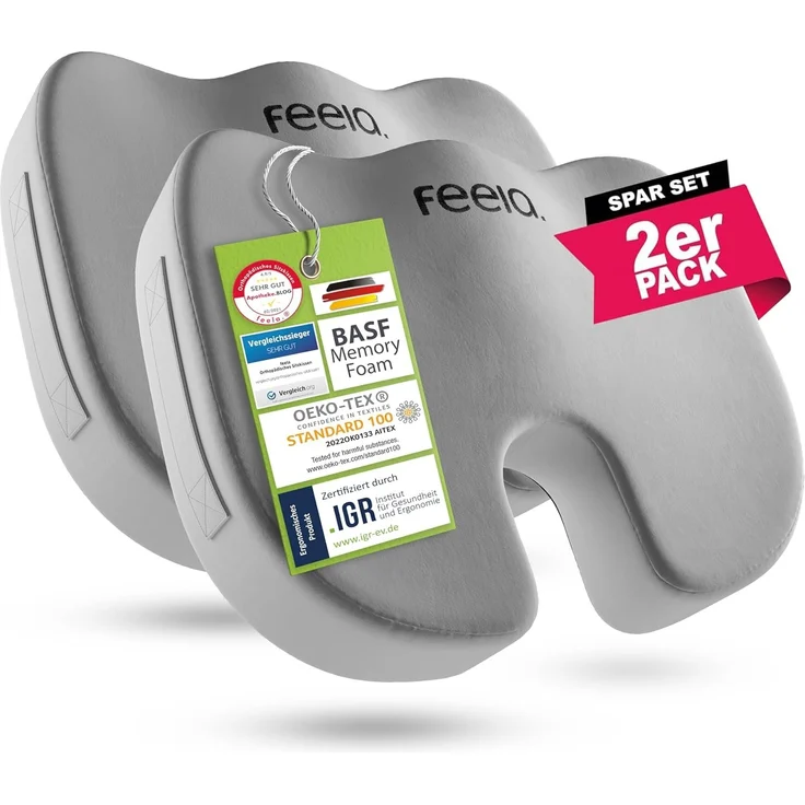 feela.® Orthopädisches Sitzkissen [3 Härtegrade] - Ergonomisches Sitzkissen für Bürostuhl & Co - Wirkt Schmerzreduzierend, Erhöht Sitzkomfort, und Entlastet das Steißbein (2er Set, Hart)