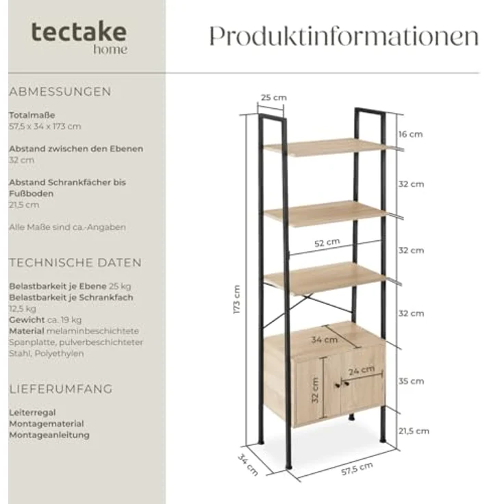 tectake Leiterregal Brentwood, Rechteckig in Natur, Holzwerkstoff mit Beton Optik, 34x173x57,5 cm, 4 Ebenen und 2 Schrankfächern – Bild 2