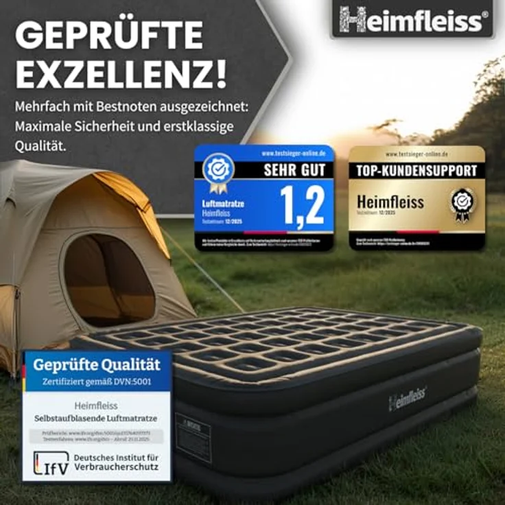 Heimfleiss® Luftmatratze 2 Personen | Premium Luftbett selbstaufblasend 150x200 cm | Schnell Aufblasbare Matratze ideal nutzbar als Gästebett & Reisebett | Selbstaufblasbare Camping Air Mattress – Bild 7