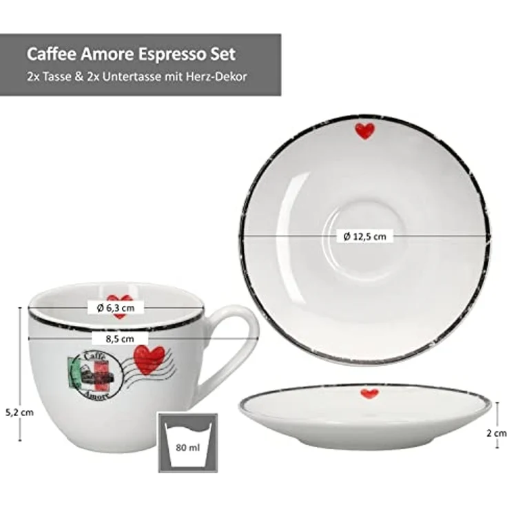Ritzenhoff & Breker Becher 4tlg Set Caffee Amore Espressotasse + Untertasse 80ml Porzellan, Porzellan – Bild 6