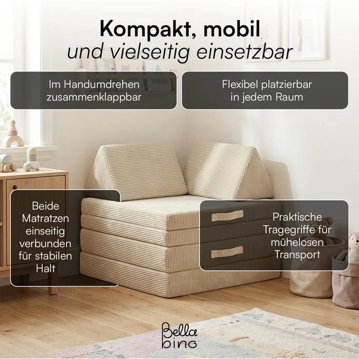 Bellabino 'Nile' Spielsofa mit Toren, 8-tlg, Cord, beige, faltbare Kindercouch, abnehmbarer & waschbarer Bezug, Kindersofa aus Schaumstoff, Oeko-Tex zertifiziert – Bild 8