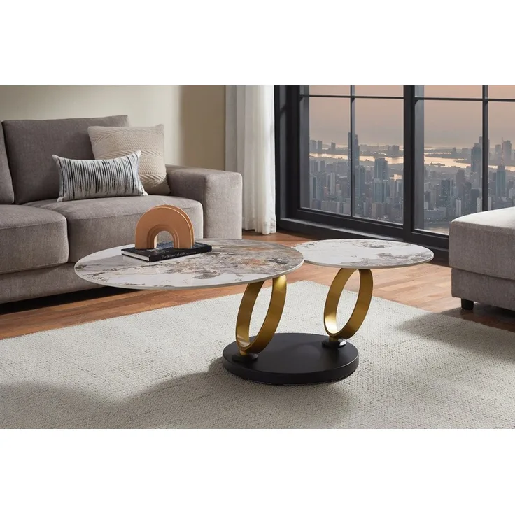 riess-ambiente Couchtisch DANCING RINGS 80cm weiß/braun - Keramik, Naturstein, rund, drehbar (Einzelartikel, 1-St), Ausgefallener Beistelltisch - ideal für moderne Wohn- und Schlafzimmer