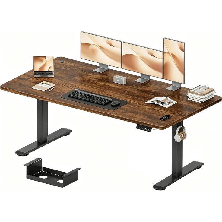 JUMMICO Höhenverstellbarer Schreibtisch 180x80 cm mit Kabelwanne & USB-A | Schreibtisch Höhenverstellbarer Elektrisch mit 18 mm Tischplatte, Sitz‑Erinnerung Computertisch,braun