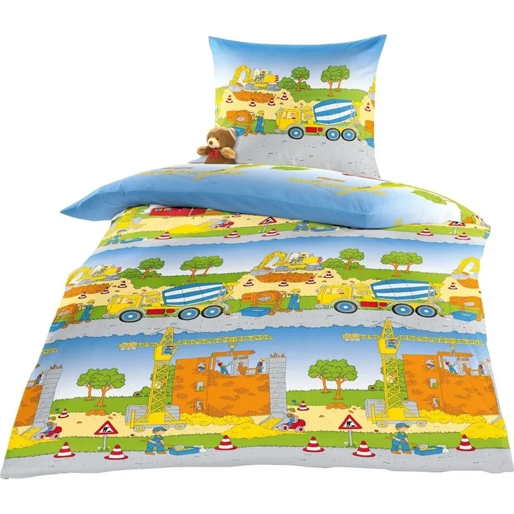BIERBAUM Kinderbettwäsche JACK by Bierbaum 135x200 cm Baustelle Bagger, Biber, 2 teilig, mit spannendem Baustellen-Motiv, Reißverschluss