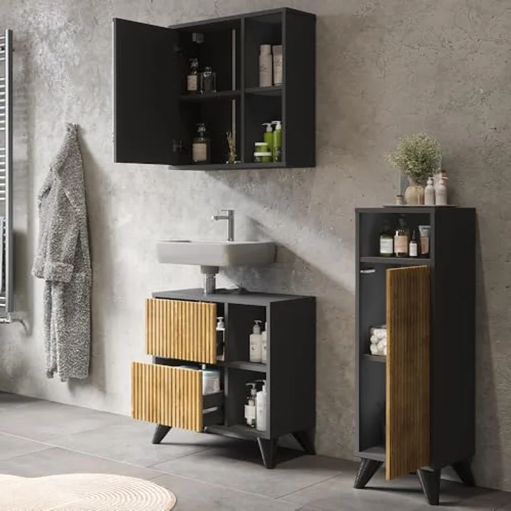 Vichy Badmöbel-Set Leano, 3-teilig, mit Waschbeckenunterschrank und Spiegelschrank, Anthrazit/Bergeiche – Bild 5
