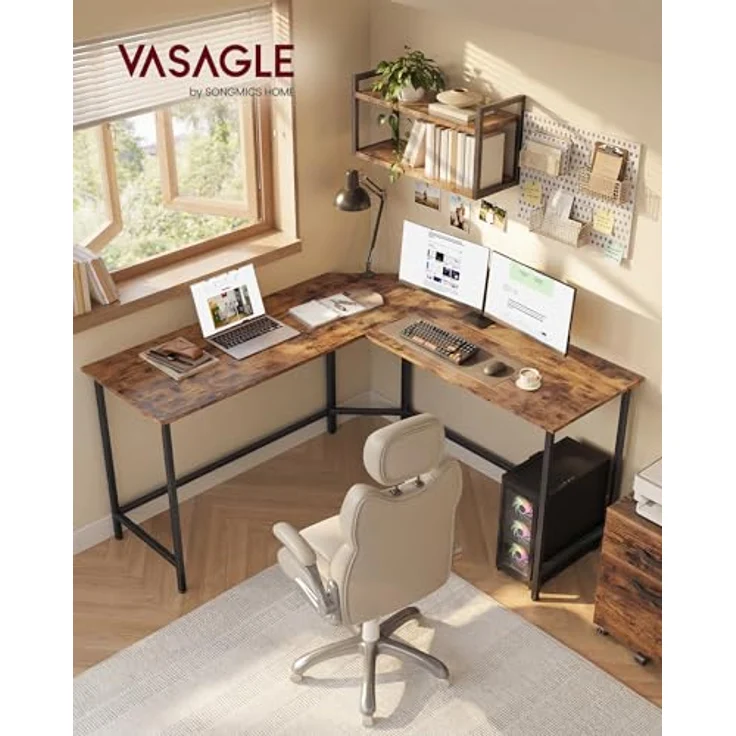 VASAGLE Schreibtisch, L-förmiger Computertisch, 140 x 140 x 76 cm, Eckschreibtisch, platzsparender Bürotisch, Gaming, Homeoffice, einfacher Aufbau, vintagebraun-tintenschwarz LWD73XV1 – Bild 3