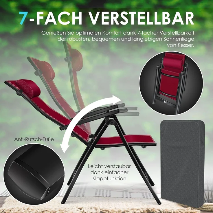 KESSER® Gartenstuhl, Hochlehner mit Armlehnen, Aluminium-Klappstuhl mit Kopfkissen & Cover, 7-fach verstellbare Rückenlehne, atmungsaktiv & wetterfest, klappbar & anti-rutsch, bordeaux – Bild 8