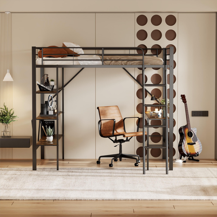 Merax 90 x 200cm Bettgestell Metallbett, Eisenbett, Hochbett mit Schreibtisch und drei großen Ablagen für Kinder, Jugendliche und Erwachsene, schwarz – Bild 2