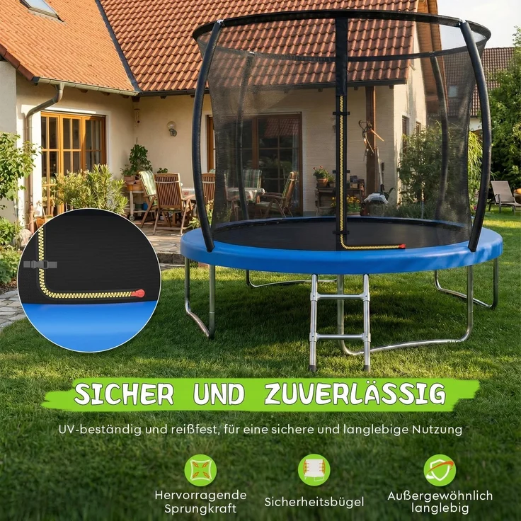 Devoko Gartentrampolin mit Sicherheitsnetz, Leiter, Randabdeckung, Stahlrahmen, Blau, Ø 360 cm – Bild 6