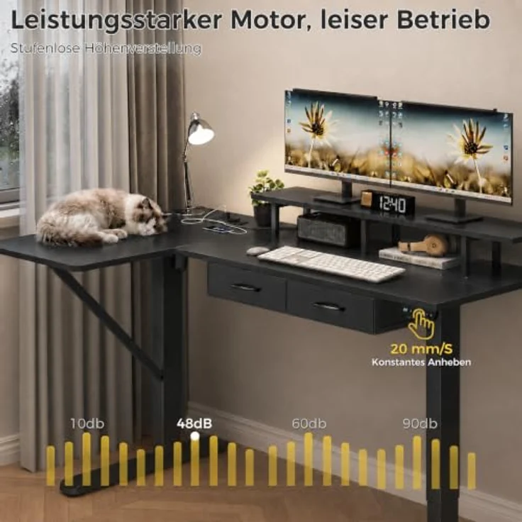 IRONCK Höhenverstellbarer Schreibtisch L Form, Elektrischer Eckschreibtisch | Computertisch 150x90cm mit Steckdose USB-C Anschlüsse, Homeoffice Tisch mit Schubladen Monitorständer 3 Speicherhöhen Schwarz – Bild 6
