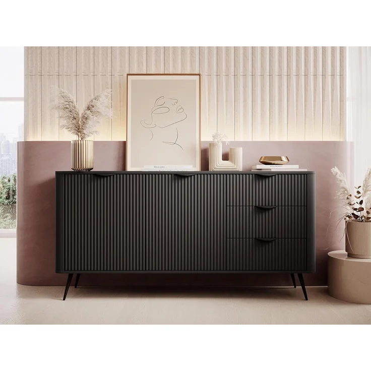 Kommode Literpo 2D3S, geriffelte Fronten, Metallfüße, Aluminiumgriffe (Farbe: Schwarzer Graphit) – Bild 2