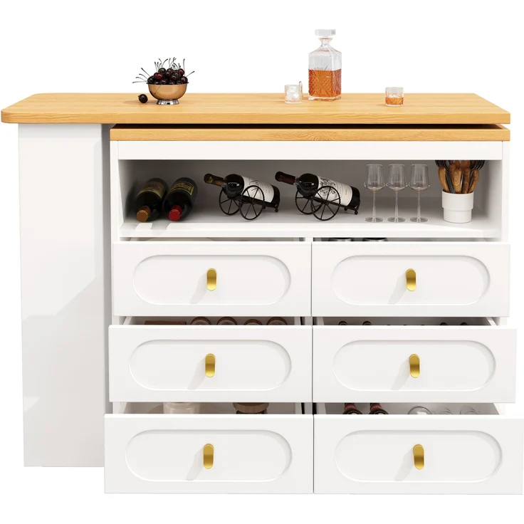 Bartisch ausziehbar mit 360° Drehfunktion, MDF Tischplatte, 6 Schubladen, Stauraumregal,Weiß – Bild 9