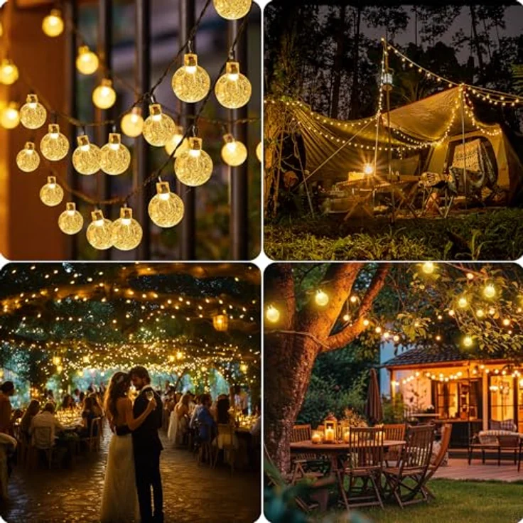 Solar Lichterkette Aussen Wetterfest, 200 LED 3M+ 24M 8 Modi IP65 Warmweiß Solarlichterkette aussen Wetterfest Solar Lampions Kristallkugeln für Balkon Deko Terrassen Garten Weihnachten Partys Zuhause – Bild 8