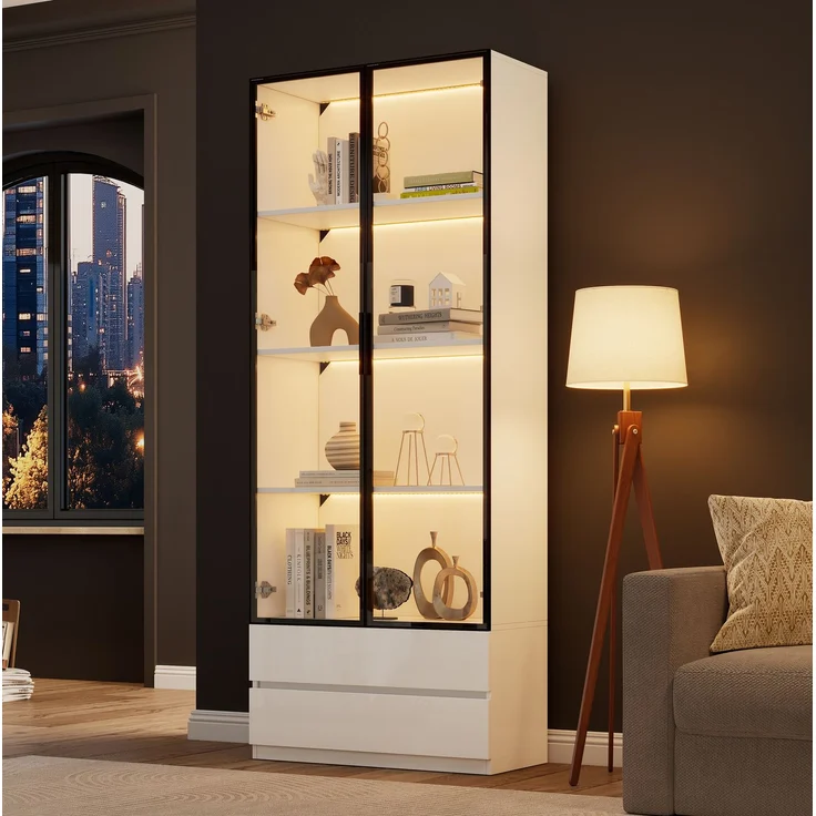 DESVIAE Regal-Vitrine Weiß aus Spanplatte – 80x200x34 cm – LED-Beleuchtung, 2 Schubladen – Bild 8