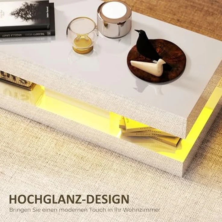 HOMCOM Couchtisch mit 12-Farbiger LED Beleuchtung, 2 Schublade, offenem Regal (Wohnzimmertisch, 1-St, Modern Beistelltisch), Kaffeetisch für Wohnzimmer 120 x 50 x 42 cm, Weiß – Bild 6