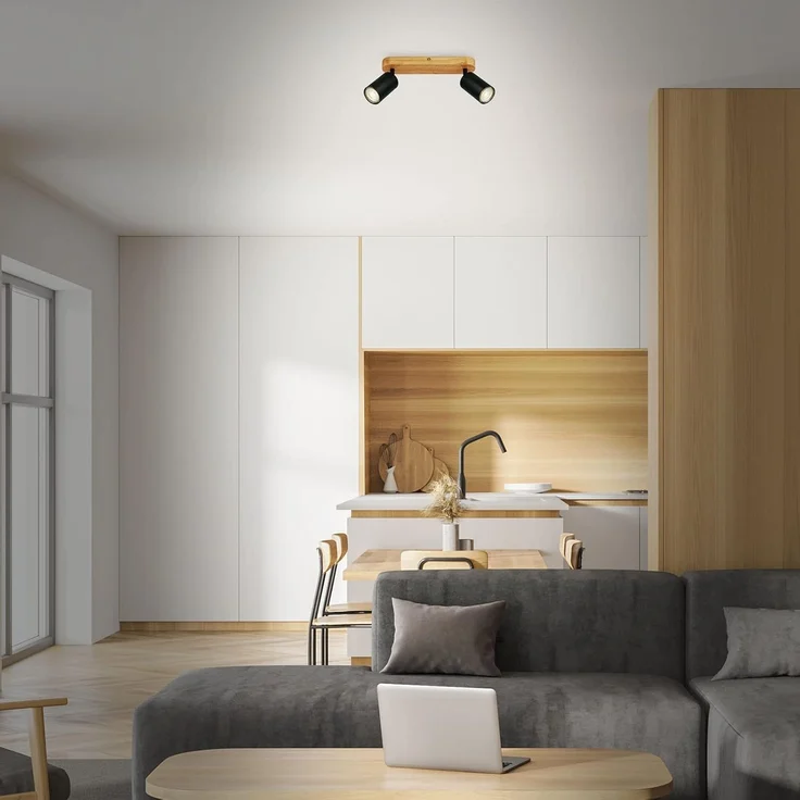 BRILONER Leuchten - Deckenlampe retro mit Holz, 2-flammige Deckenleuchte vintage, 2x GU10 Fassung, verstellbarer LED Spot, rustikaler Deckenspot, Schwarz-Holz, 270 x 60 x 85 mm, 2922-025 – Bild 4