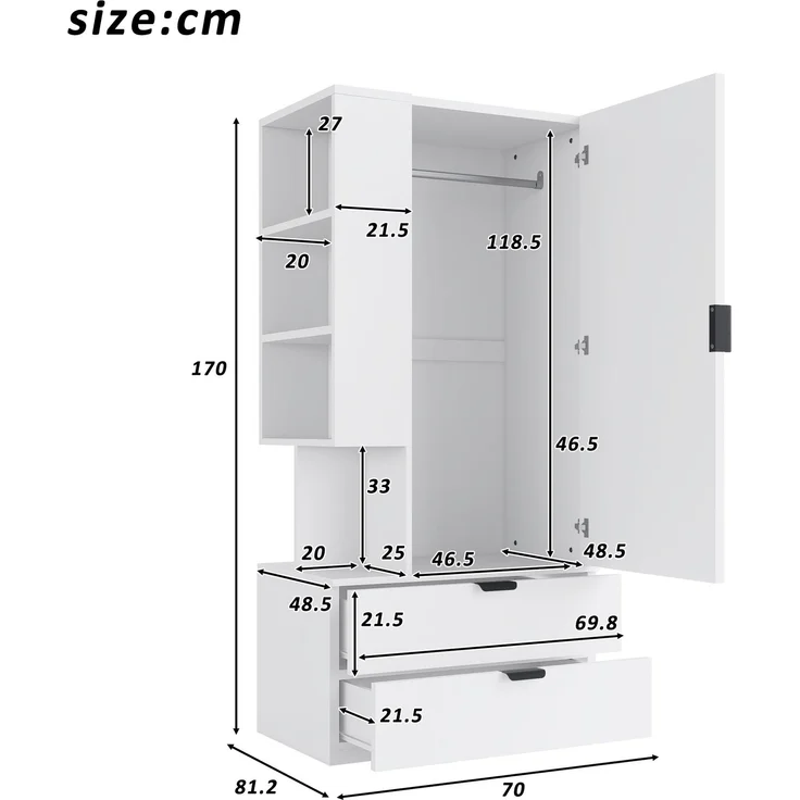 Kleiderschrank 70 x 50 x 170 cm mit offenen Ablagefächern und zwei Schubladen, Weiß und Holzfarbe – Bild 5