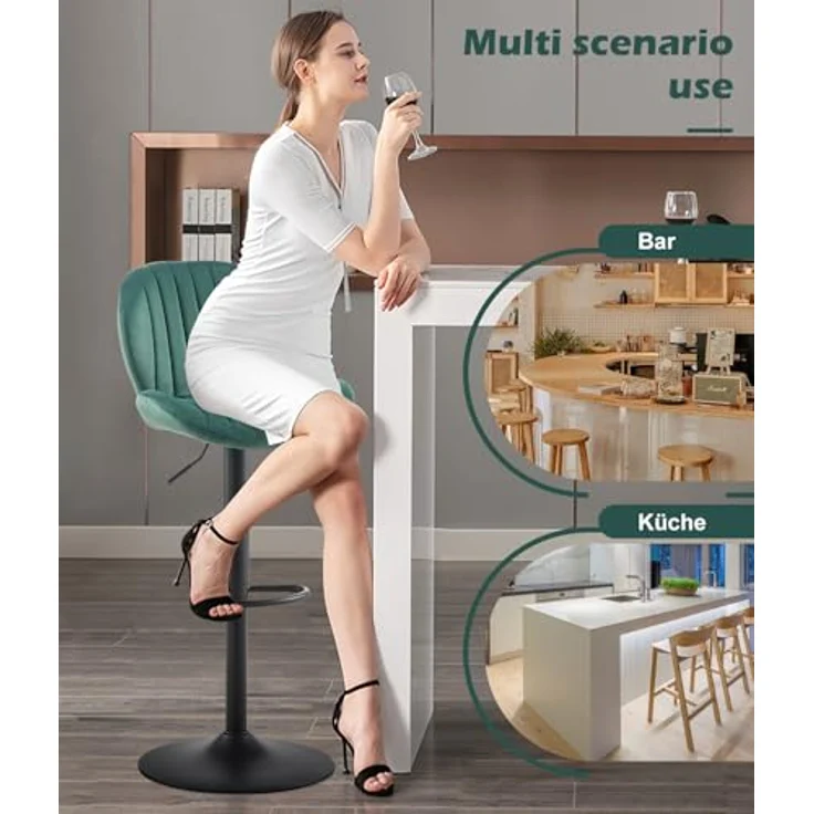 TUKAILAI Barhocker 2er Set aus Samt, Barstuhl Höhenverstellbar，360°Drehbar, Hocker mit lehne,fußstütze,metallrahmen, Gepolsterter Küchenhocker Tresenhocker, Bar Chair für Küche Bars, Grün – Bild 10