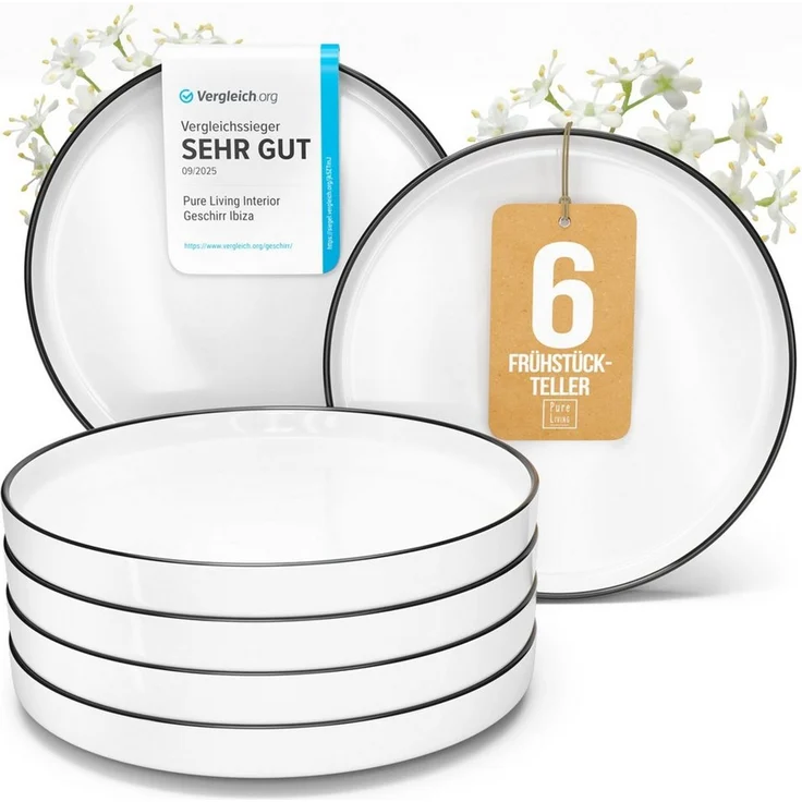 PURE LIVING INTERIOR DESIGN Geschirr-Set Scandi Dessertteller, Frühstückteller, 6er-Set, 20 cm, Weiß/Schwarz (6-tlg), 6 Personen, Porzellan – Bild 1