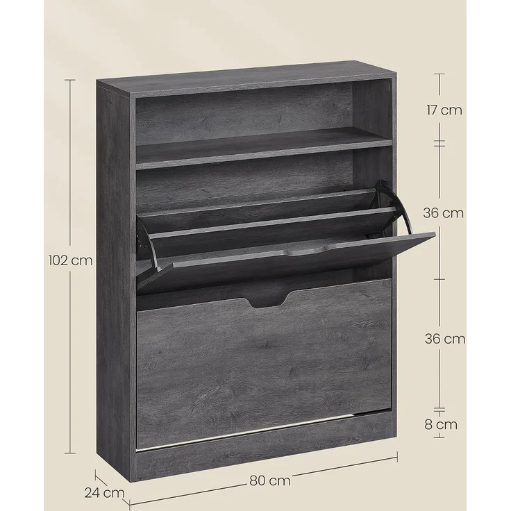 Vasagle Schuhschrank 2 Klappen, Schuhkipper, Schuhregal, Schuhaufbewahrung, offenes Fach, Trennwand verstellbar, für 11-16 Paar Schuhe, Flur, 24 x 80 x 102 cm, nebelgrau LBCDE048G01 – Bild 3