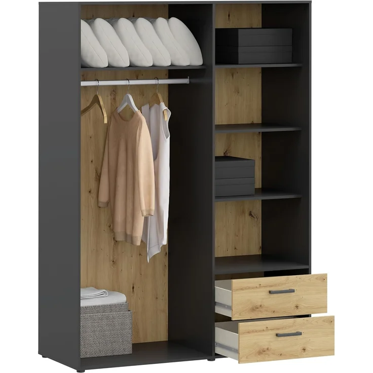 Forte MONISSA Kleiderschrank 140 150, moderner Drehtürenschrank, 3-türig, 2 Schubladen, Holzwerkstoff, Artisan Eiche Holzdekor|Schwarz, 144,4 cm breit x 200,1 cm hoch x 59 cm tief – Bild 10