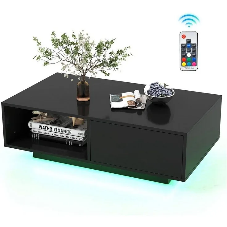 COSTWAY Couchtisch, mit 20 Farben LED-Beleuchtung, Fernbedienung, Schublade