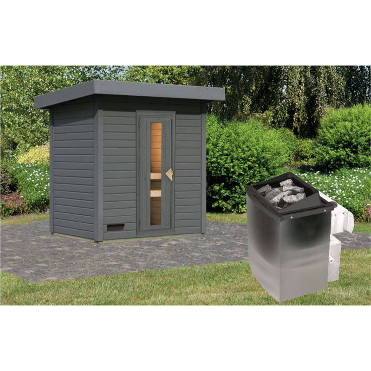 Karibu Sauna Hytti 1 terragrau mit 9 kW Ofen mit integrierter Steuerung