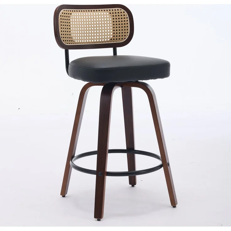 Flieks Barhocker 3er Set, drehbar, Rattan-Geflecht Rückenlehne, Walnuss Holzgestell, Sitz PU Leder Schwarz, mit Fußstütze – Bild 10