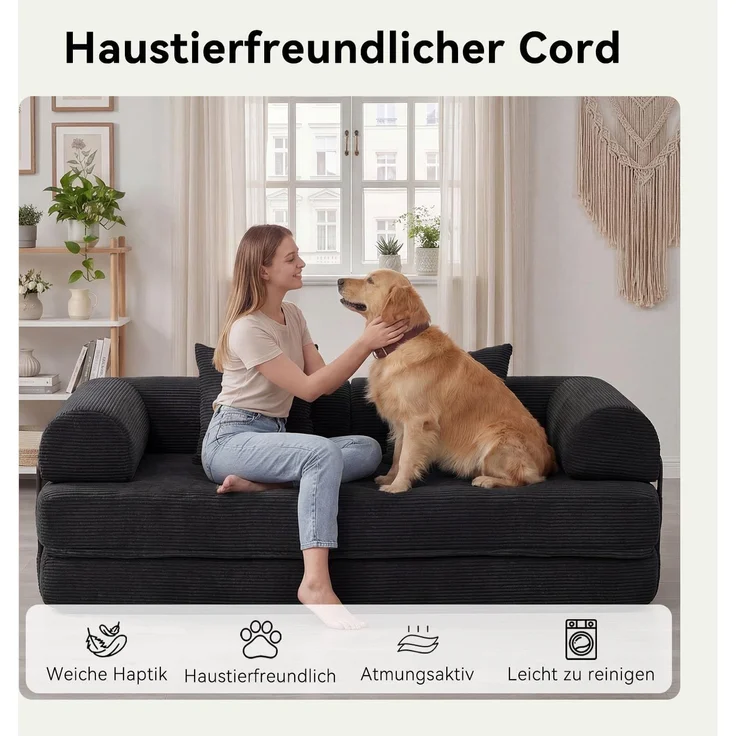 Aoxun Kordstoff Schlafsofa 200×97×70cm, 5-in-1 Umwandelbares Bodensofa, Hochdichter Schaumstoff, Haustierfreundlich, Keine Montage, Schwarz – Bild 4