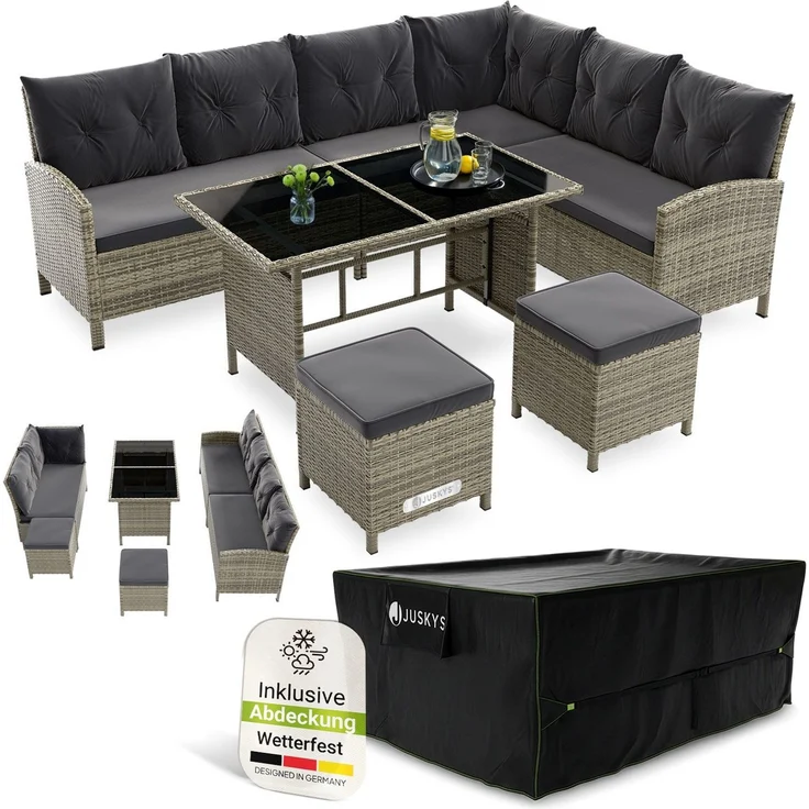 Juskys Polyrattan Lounge Manacor grau– Gartenlounge mit Sofa, Tisch, 2 Hocker & Kissen, inkl. Abdeckung – Gartenmöbel Set bis 8 Personen – Sitzbezüge in Dunkelgrau – Bild 1