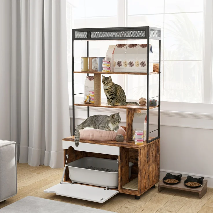Katzentoilette mit 3-Ebenen-Regal und Kratzpfosten, Geschlossenes Katzenklo, 80 x 48 x 152 cm, Braun--Rustikal-Braun--152x48x80cm--YOUDENOVA – Bild 3