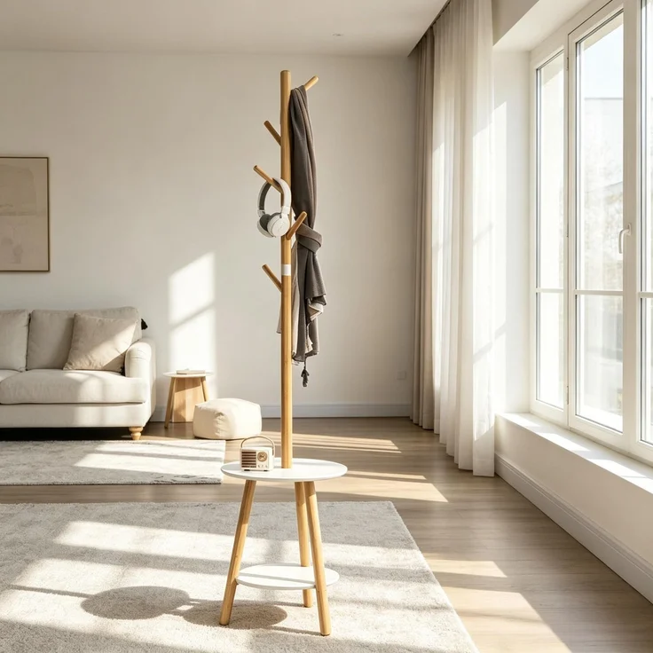 Garderobenständer 39,5x39,5x171 cm mit 5 Haken und runden Ablagen, Bambus/Weiß – Bild 1
