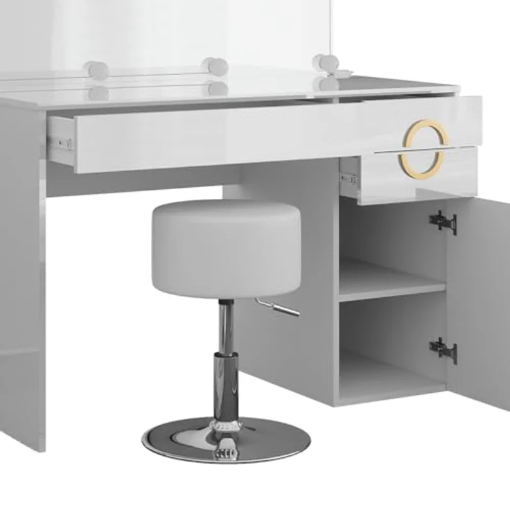 Vicco Schminktisch Adela, Weiß Hochglanz, mit Spiegel, LED-Lichterkette, 3 Fächern und 2 Schubladen, 115x76.4x55 cm – Bild 6