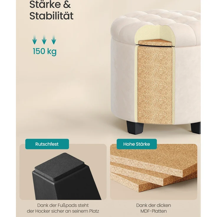 SONGMICS Sitzhocker rund, Fußhocker mit Stauraum, Schminkhocker mit Füßen, 45 x 45 x 44,5 cm, Samt, bis 150 kg belastbar, für Wohnzimmer Schlafzimmer, cremeweiß – Bild 4