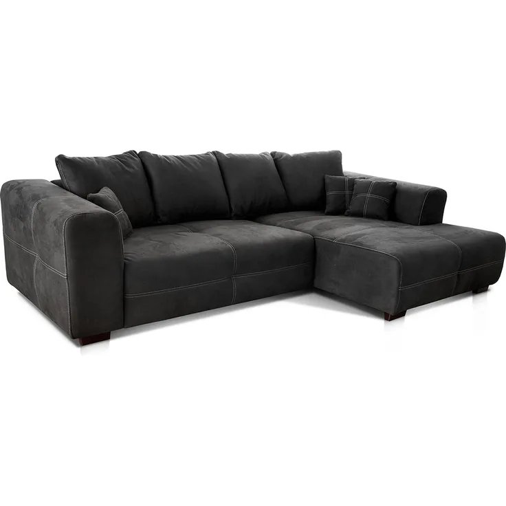Cavadore Ecksofa Mavericco / XXL Eckcouch Inkl. Rückenkissen und Zierkissen / Longchair rechts / Industrial Style / 285 x 69 x 170 (BxHxT) / Mikrofaser Schwarz