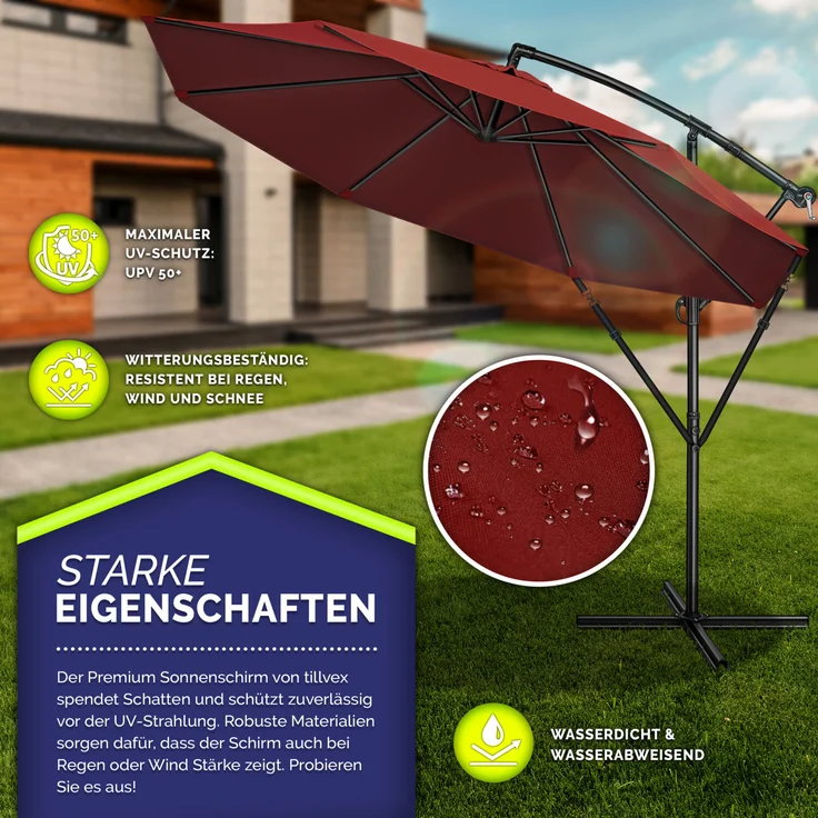 tillvex Sonnenschirm Rot Ø 350 cm Ampelschirm Gartenschirm Marktschirm Kurbel Balkon Alu Neigbar – Bild 2
