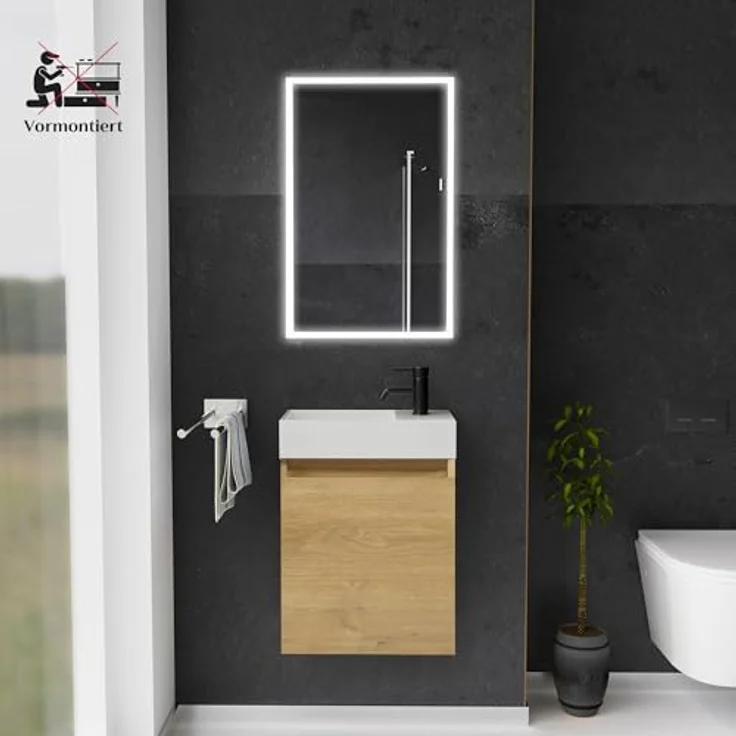 Alpenberger Badmöbel-Set Gäste WC Waschbecken mit Unterschrank - Badschrank Hängend, (2-tlg. Waschtisch Set Eiche Natur, Waschbeckenunterschrank mit Softclose), Waschplätze für Kleine Bäder - Badschrank Hängend und Vormontiert – Bild 3