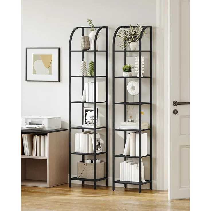 Bücherregal, 6 Ebenen Standregal, DVD-Regal, Schmale Regale, Offenes Regal, Industriestil, Metallrahmen, Geeignet für Arbeitszimmer, Wohnzimmer, Schlafzimmer, Küche, Schwarz – Bild 3
