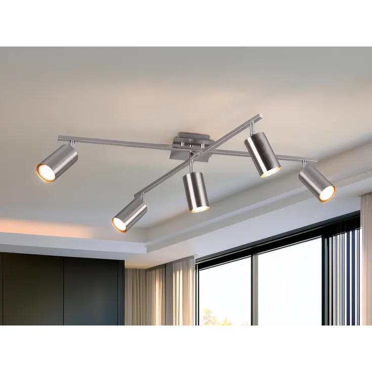 LED Deckenstrahler Silber 5-flammig, verstellbare Spots, Breite 77,5cm