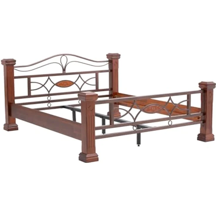 Massives Holzbett 200x200 cm braun rustikal – Doppelbett mit Metallgestell & Holzpfosten – Stabil & stilvoll für gemütliches Schlafzimmer Ambiente – Bild 4